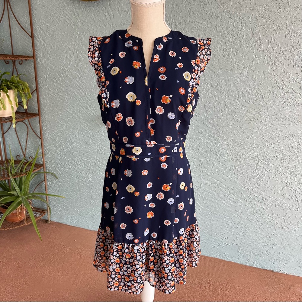 Madison Jules -Classic, Navy Printed Ruffled Lined Cocktail/Sundress